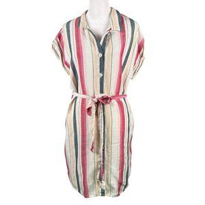 Thread & Supply M Striped Belted Short Shirt Dress Rayon Linen Cap Sleeves Beach